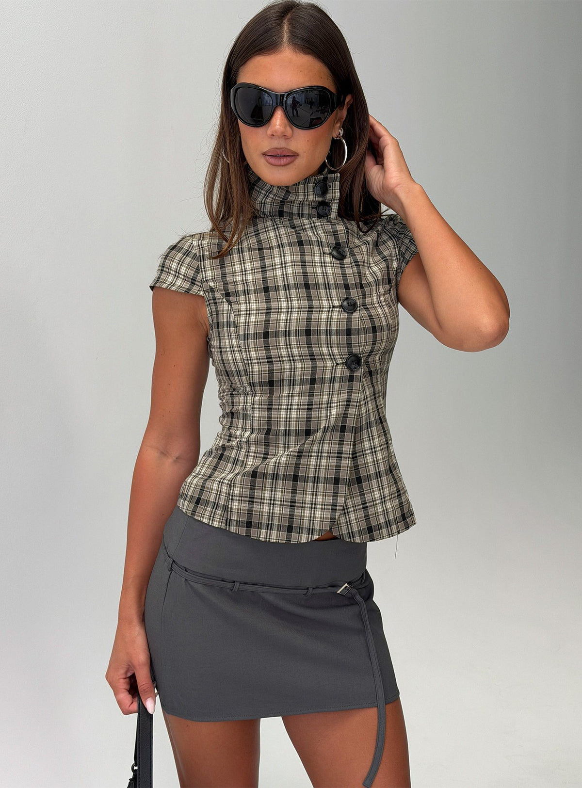Maxina High Neck Button Up Top Check