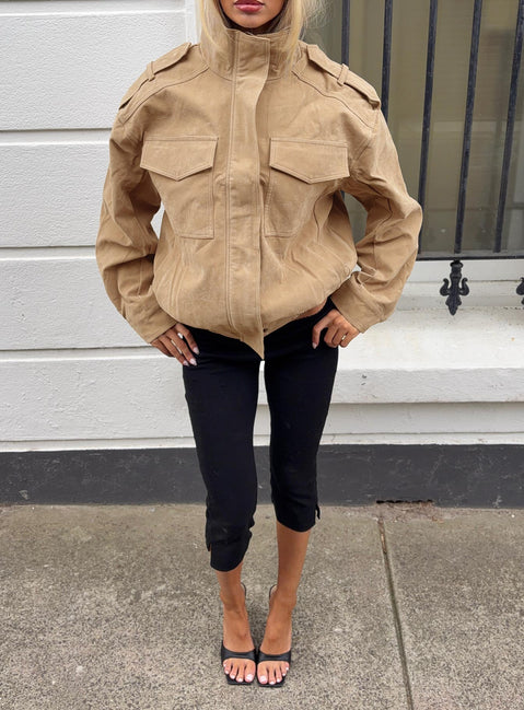 Double Life Funnel Neck Cargo Jacket Beige