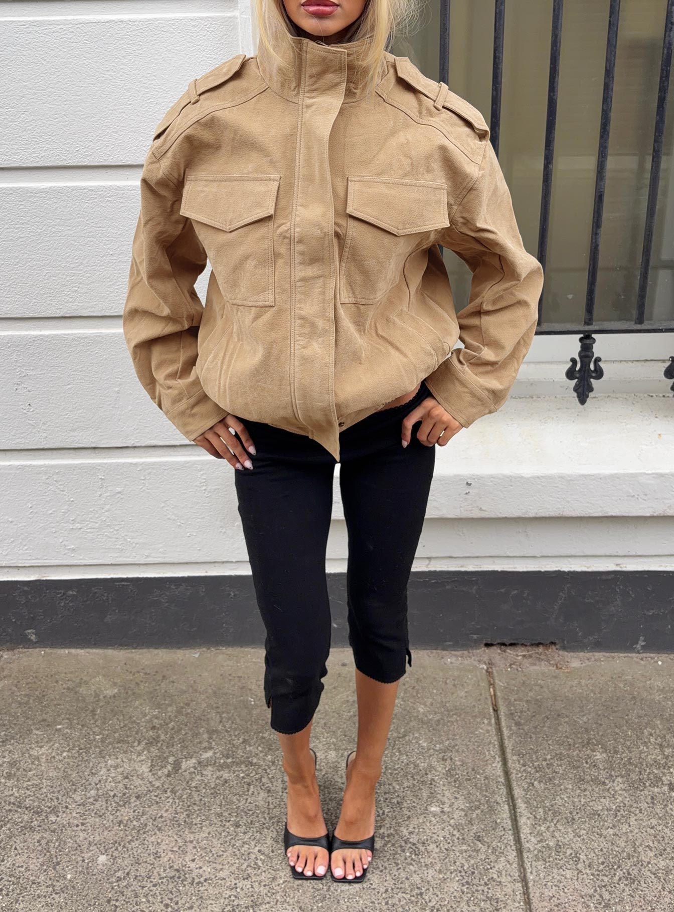Double Life Funnel Neck Cargo Jacket Beige Petite