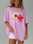 front view of model wearing Princess Polly Hibiscus Haven Oversized Tee Pink Half Sleeves Crew Neck 