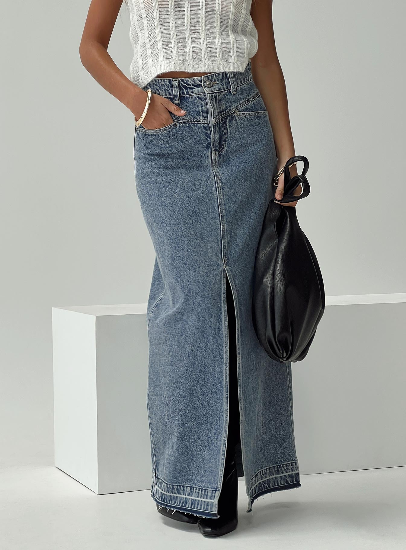 Deneuve denim maxi skirt mid wash