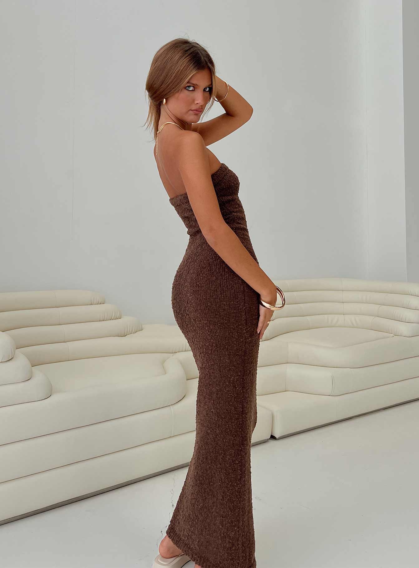 boucle maxi dress Ivory Knit Off Shoulder Boucle Maxi Dress