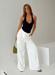 White Linen pants button fastening, subtle pleats at waist, twin hip pockets, wide leg