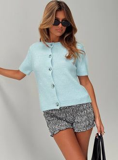 front view of model wearing Princess Polly Wait A Lifetime Short Sleeve Cardigan Blue Cropped 