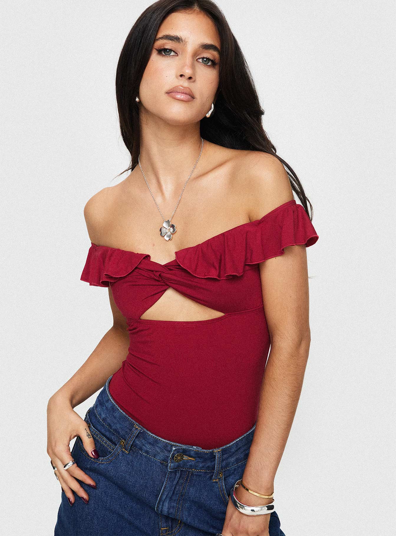 Be careful off the shoulder bodysuit red