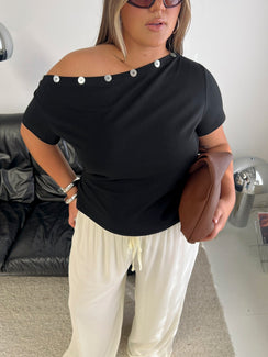 Dalten Off Shoulder Button Detail Top Black Curve