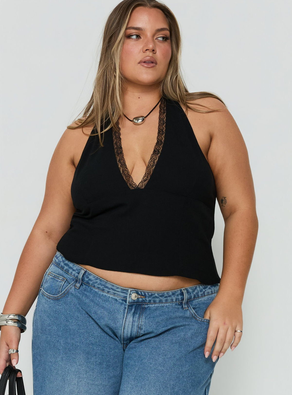 No Pressure Lace Trim Halter Top Black Curve