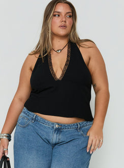No Pressure Lace Trim Halter Top Black Curve