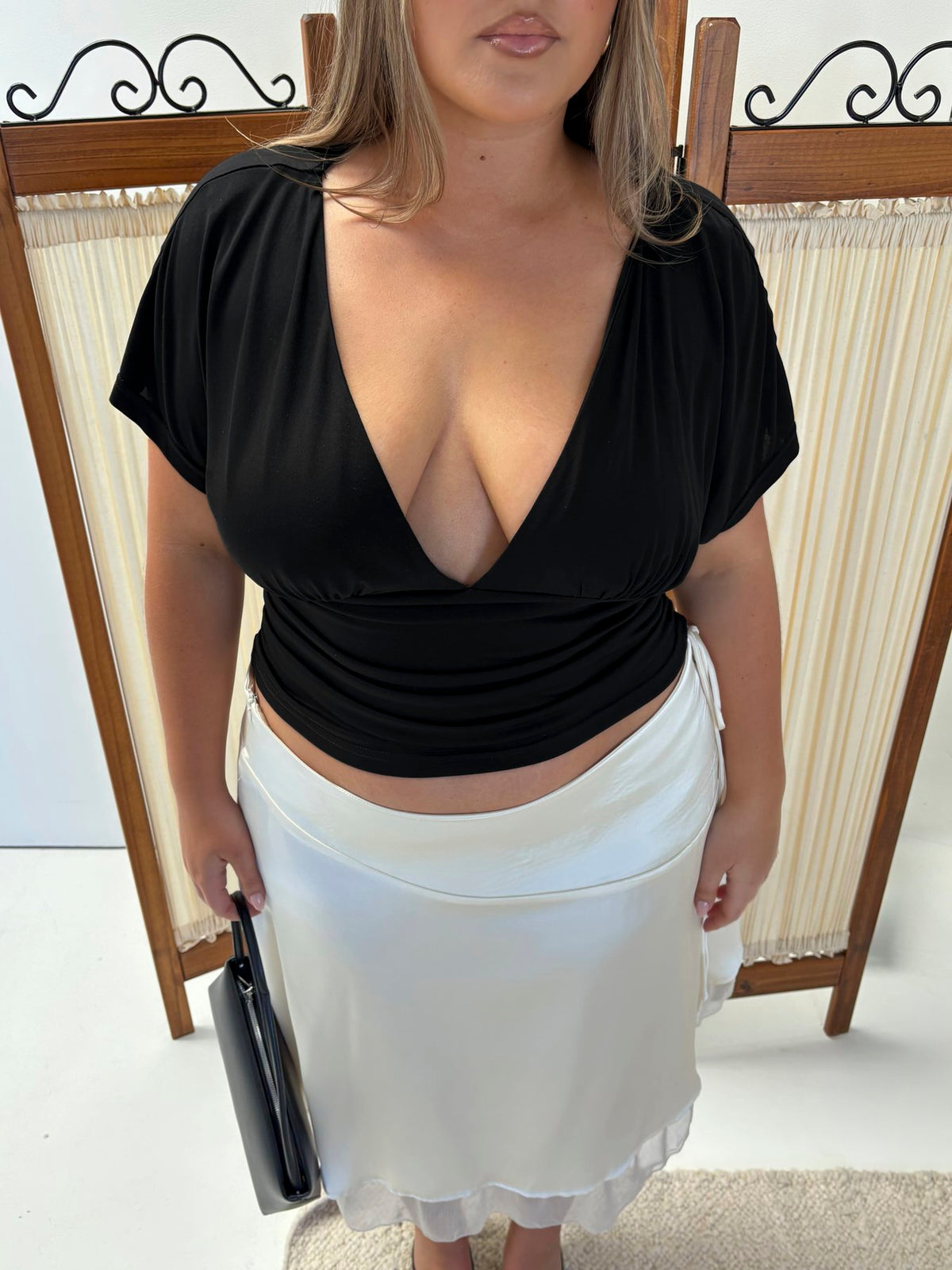 Mattey Cinched V Neck Top Black Curve