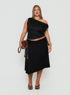 Soft Focus Tie Waist Midi Skirt Black Curve