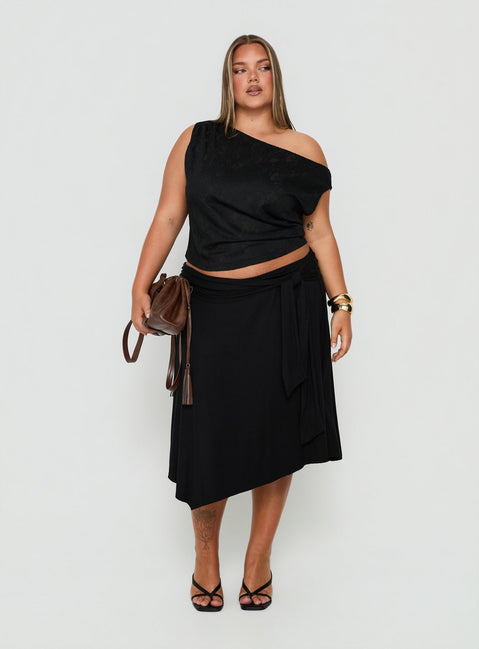 Soft Focus Tie Waist Midi Skirt Black Curve