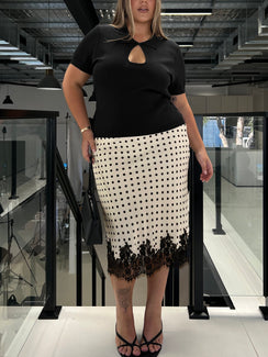 Downtown Scene Lace Trim Maxi Skirt Cream Polka Curve