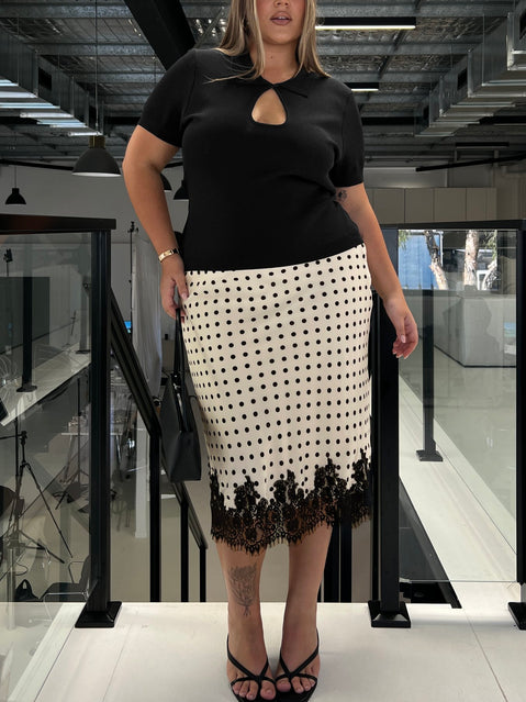 Downtown Scene Lace Trim Maxi Skirt Cream Polka Curve