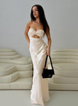 front view of model wearing Princess Polly Faviola Strapless Maxi Dress Champagne Sweetheart Neckline 