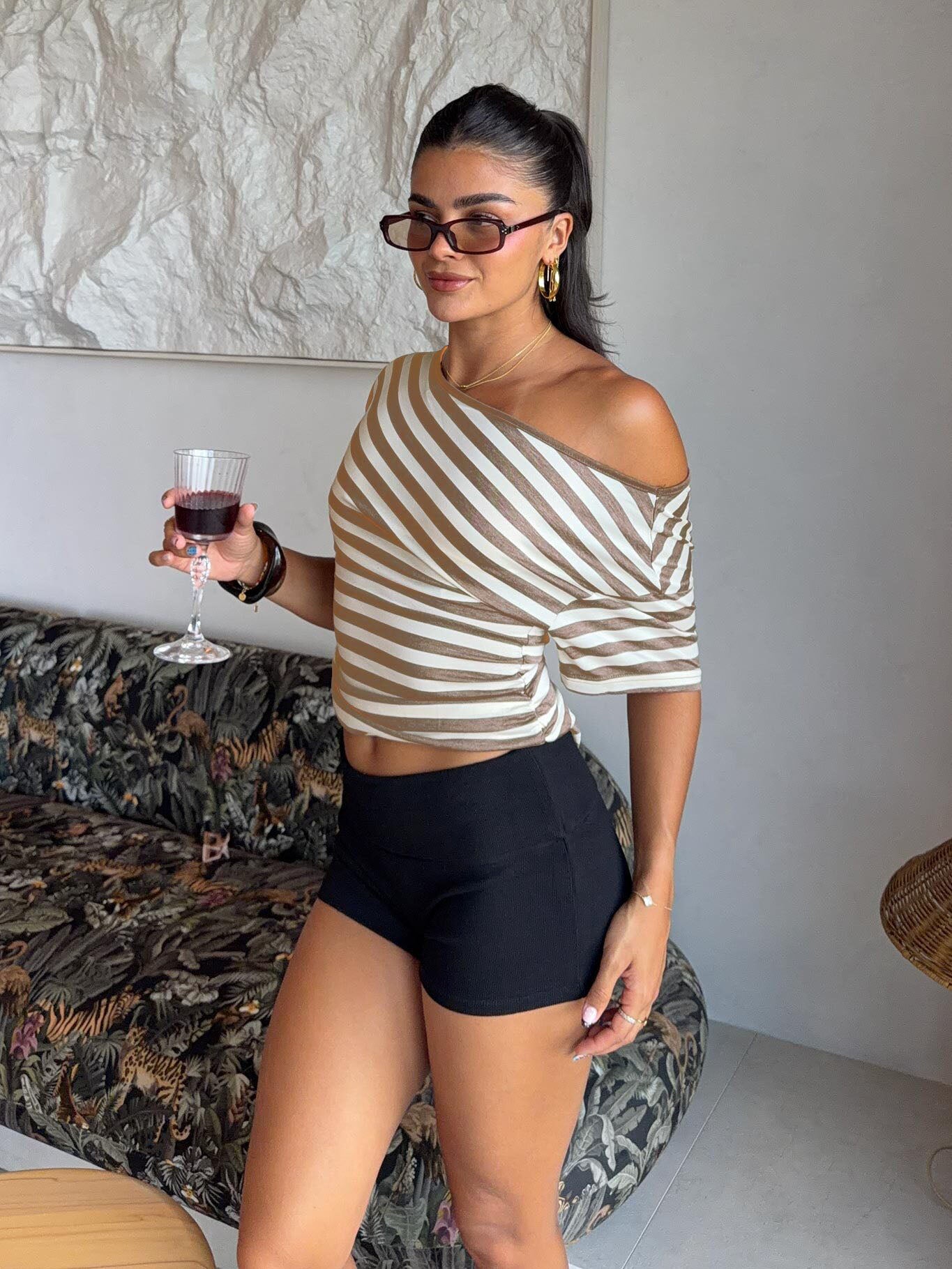 Emlynn Off Shoulder Top Brown Stripe | Princess Polly
