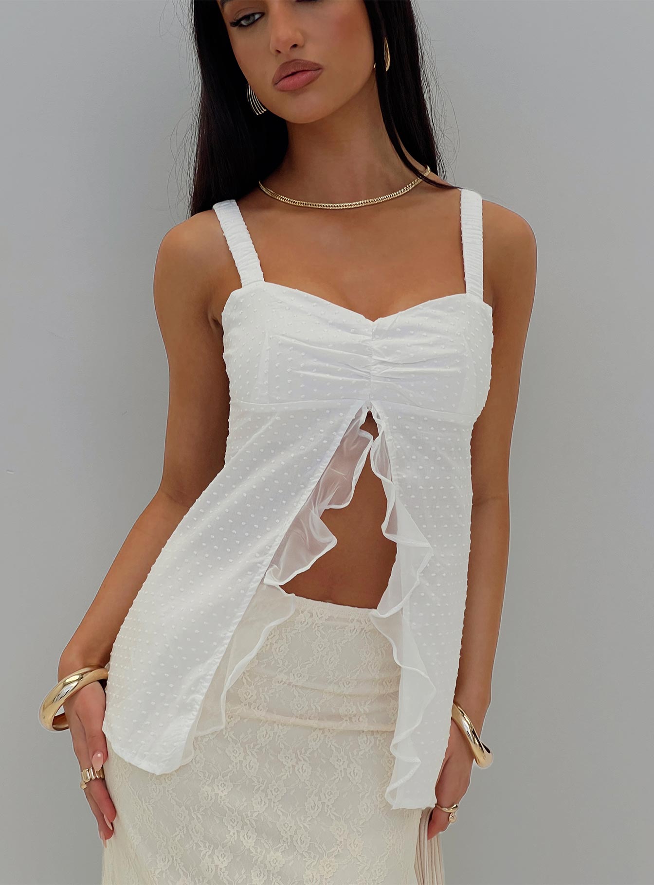 front view of model wearing Princess Polly Pinot Top White Sleeveless Sweetheart 