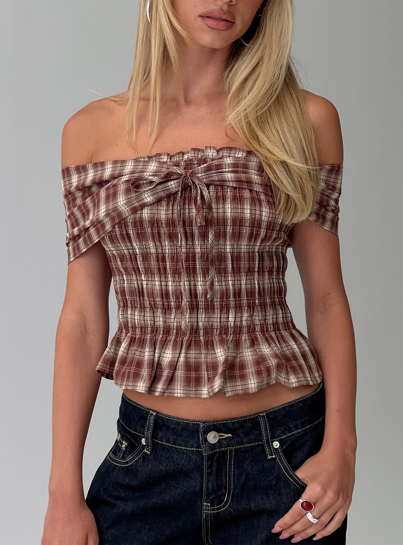 Avalynn Off Shoulder Shirred Top Brown Check | Princess Polly