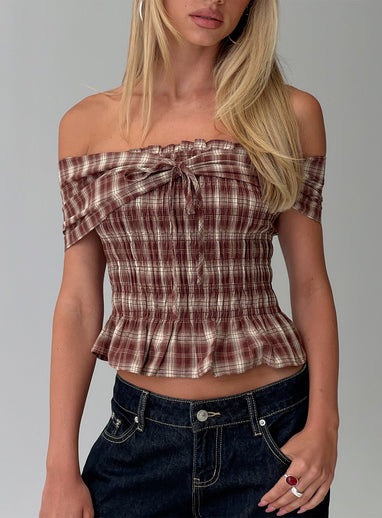 Avalynn Off Shoulder Shirred Top Brown Check