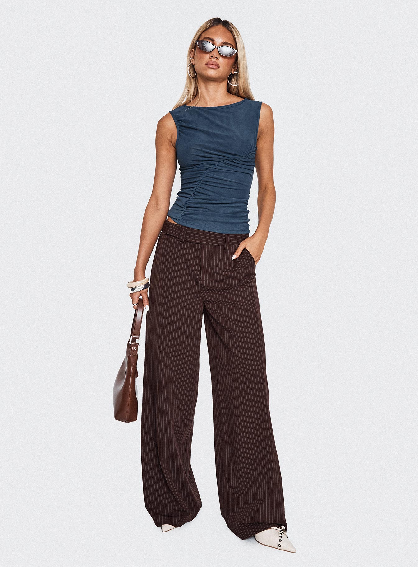 Lustre Wide Leg Pant Brown Pinstripe | Princess Polly Lustre Wide Leg Pant Brown Pinstripe | Princess Polly