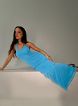 side view of model wearing Princess Polly Merielle Maxi Dress Blue Scoop Neck 