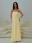 side view of model wearing Princess Polly Anamaria Strapless Maxi Dress Lemon Straight Neck 