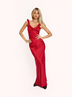 Ondrea Frill V Neck Maxi Dress Red