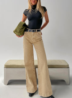 front view of model wearing Princess Polly Goldie High Rise Wide Leg Jeans Tan High Rise Jeans 