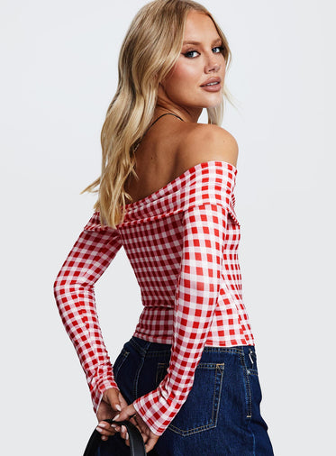 Singular Off The Shoulder Long Sleeve Top Red Check