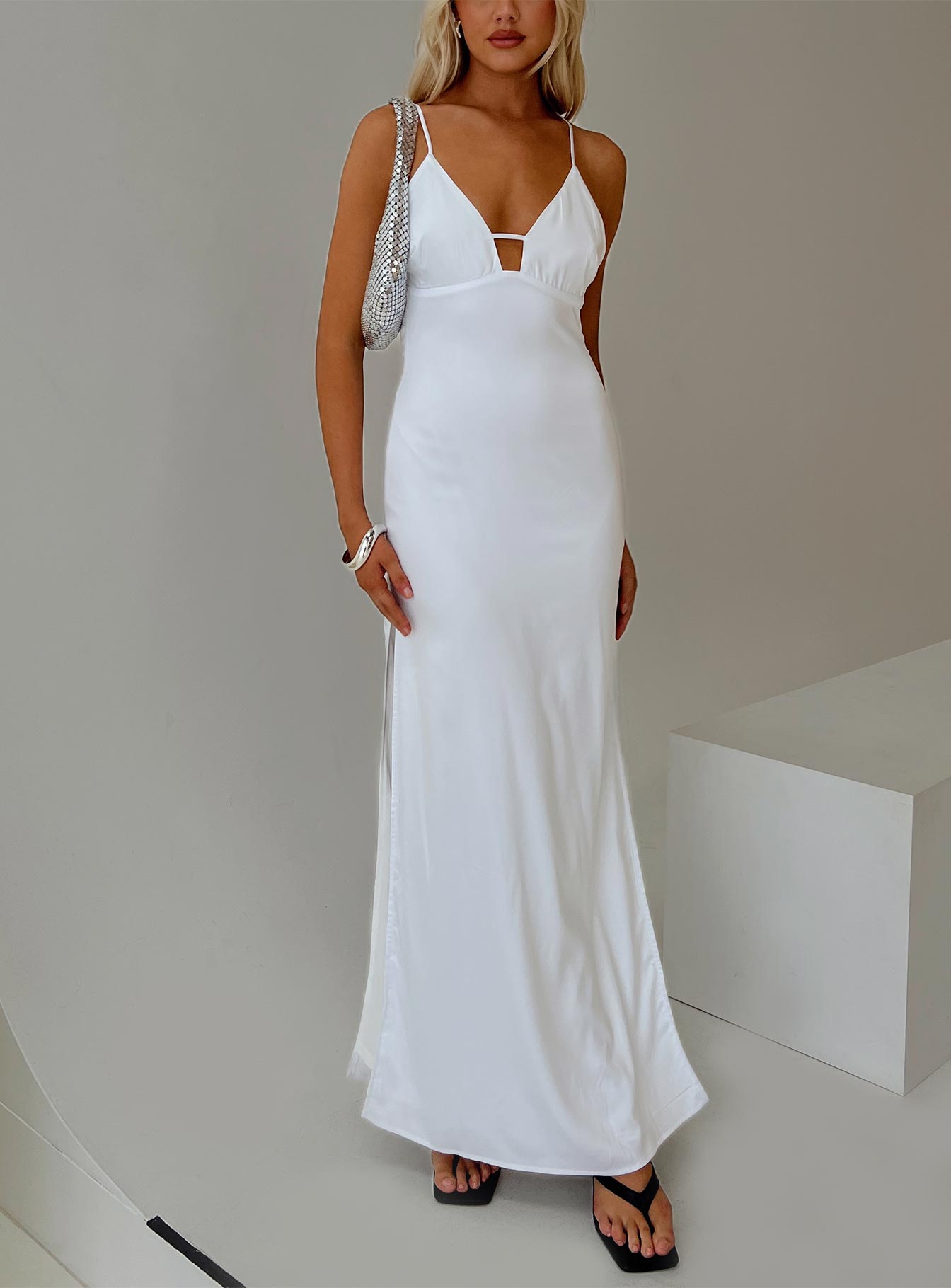 front view of model wearing Princess Polly Atheria Maxi Dress White Plunger 