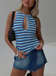 front view of model wearing Princess Polly Kingsbridge Top Blue Stripe Sleeveless Crew Neck 