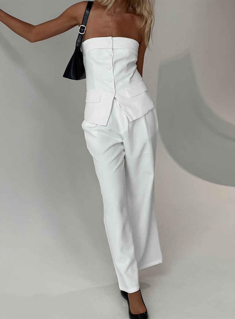 front view of model wearing Princess Polly Jazzar Pocket Detail Pleated Pant White Petite High Waisted Pants 