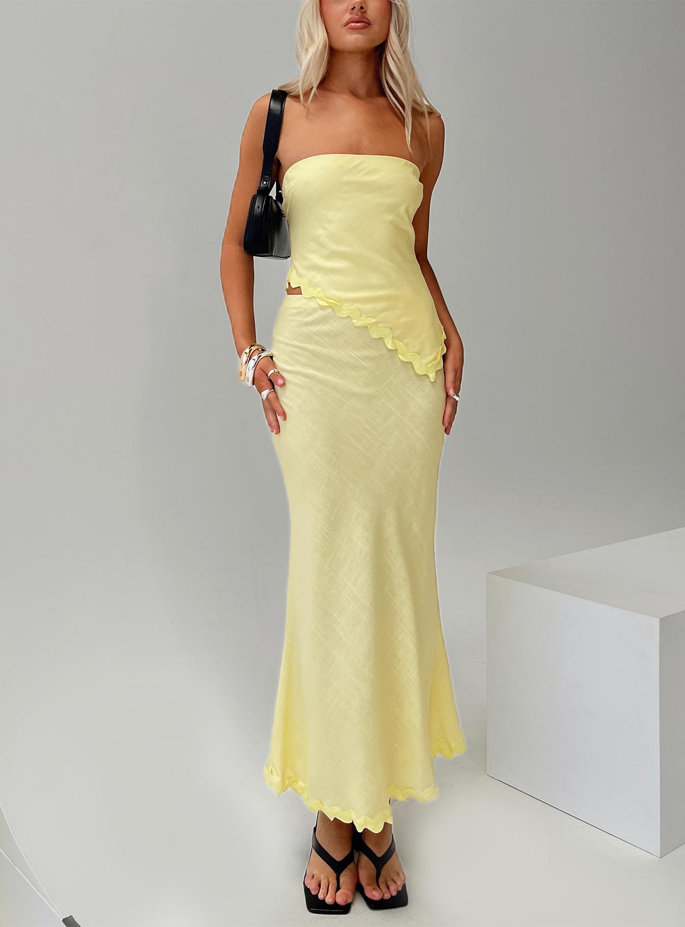  front view of model wearing Princess Polly Silvershore Maxi Skirt Yellow Maxi 