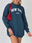 front view of model wearing Princess Polly New York Minute Mini Sweatshirt Dress Navy Crew Neck 