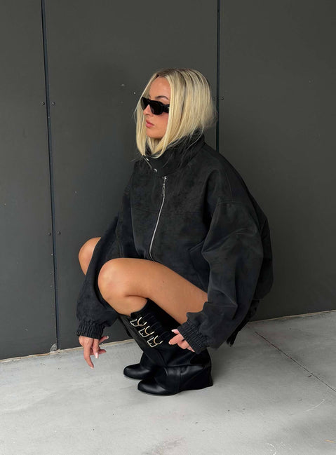 Ellissa Faux Suede Bomber Jacket Black