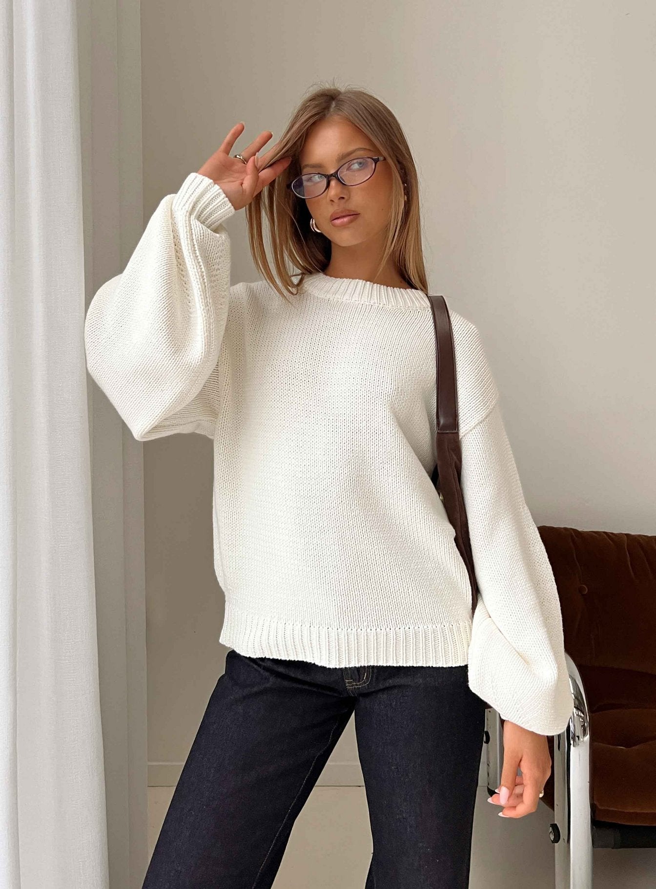 Harmony Balloon Sleeve Knit Sweater White | Princess Polly