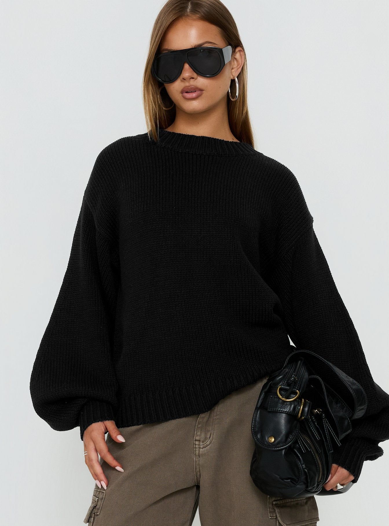 Ameri VINTAGE - にゃん☺︎BALLOON  SLEEVE  KNIT  TOP ブラック Harmony Balloon Sleeve Knit Sweater Black | Princess Polly
