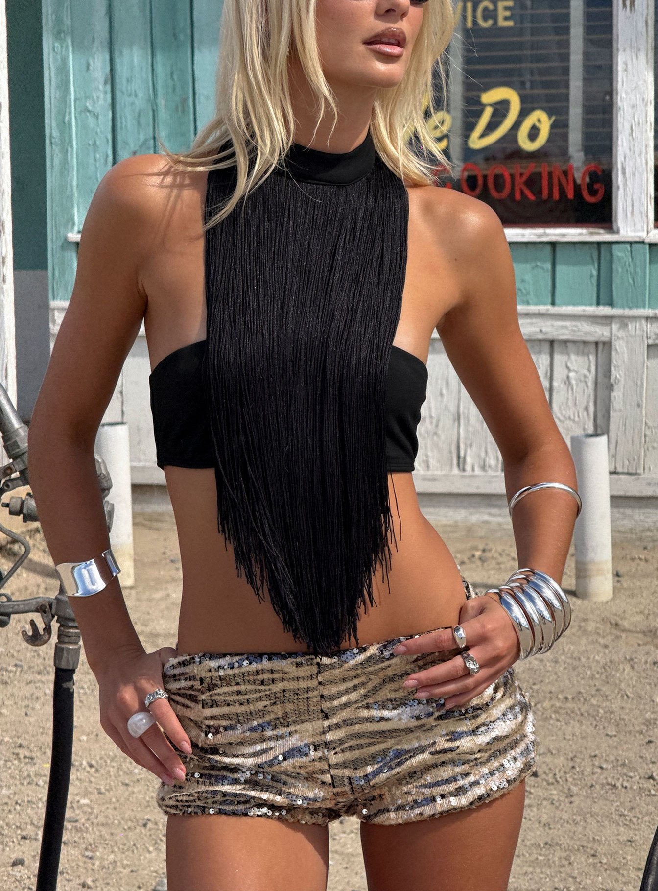 Zephyrine Fringe Asymmetrical Halter Top Black | Princess Polly