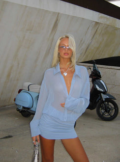 Moonrising Long Sleeve Sheer Blouson Mini Dress Blue