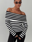 front view of model wearing Princess Polly Danyel Off The Shoulder Sweater Black / White Stripe Long 