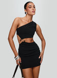 front view of model wearing Princess Polly Hardward Mini Dress Black Asymmetric Neckline 