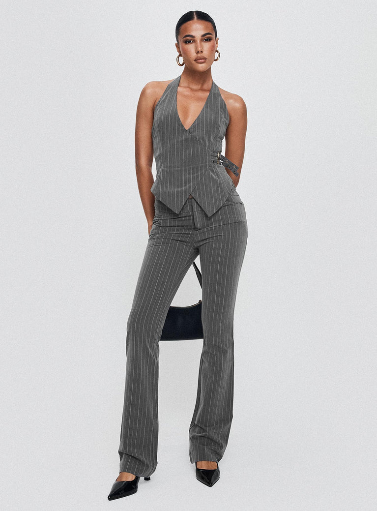 front view of model wearing Princess Polly Calexico Buckle Pant Grey Pinstripe High Waisted Pants 