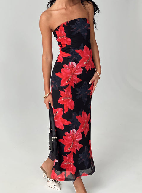 Celik Strapless Maxi Dress Black / Floral | Princess Polly Celik Strapless Maxi Dress Black / Floral | Princess Polly