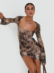 side view of model wearing Princess Polly Suareza Long Sleeve Mini Dress Leopard Sweetheart Neckline 