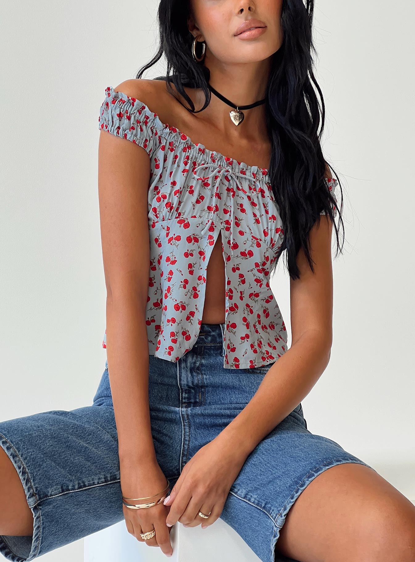 Blue floral off discount the shoulder top