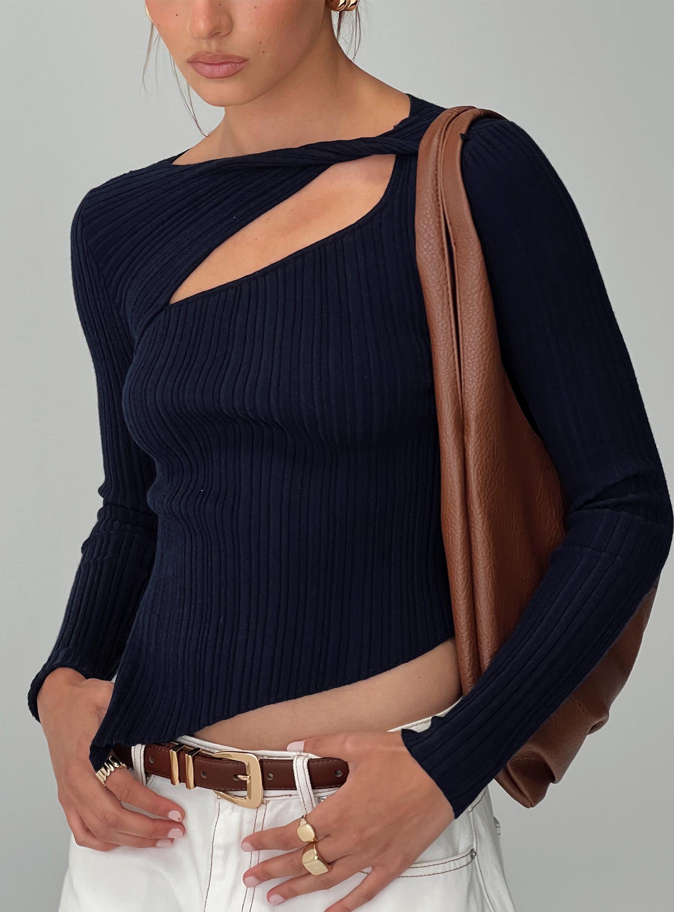 front view of model wearing Princess Polly Ellara Long Sleeve Top Blue Full Sleeves High Neck 