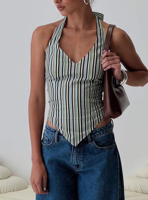 front view of model wearing Princess Polly High Gear Halter Top Multi Sleeveless V-Neck 