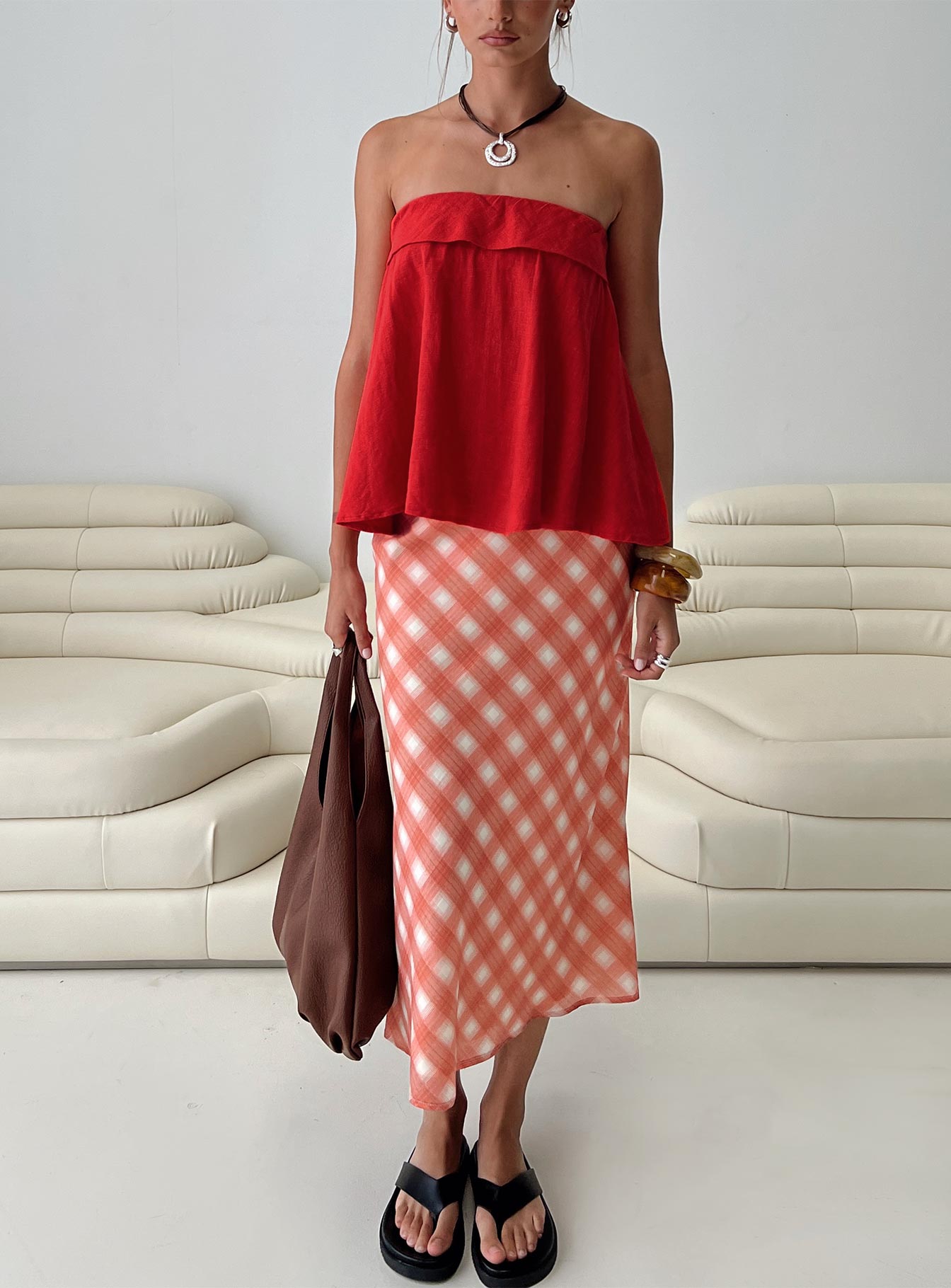   front view of model wearing Princess Polly Living Color Maxi Skirt Orange Gingham Midi Skirts 