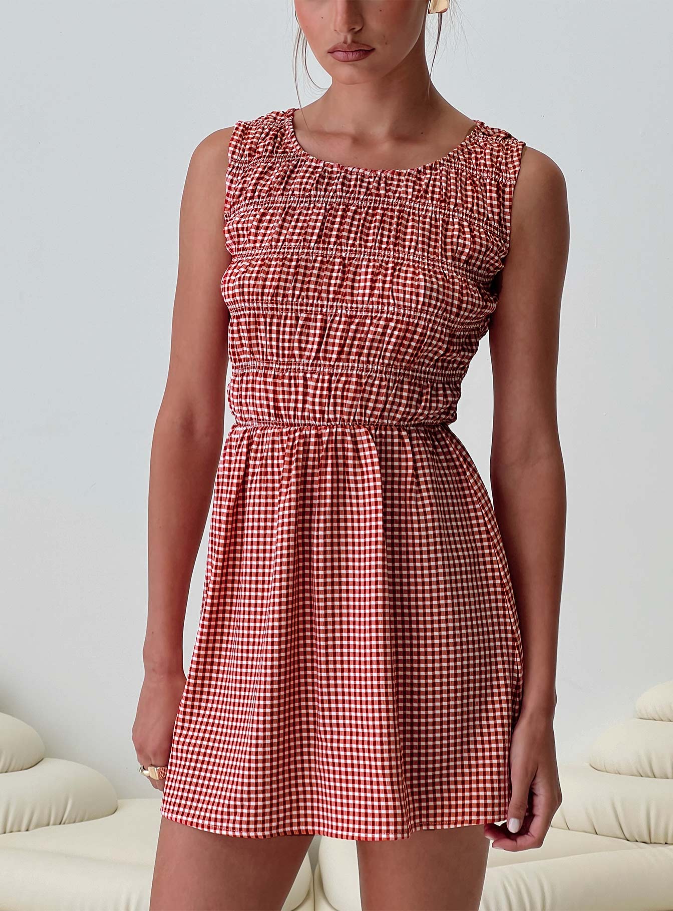 Winxie Shirred Mini Dress Red Gingham Winxie Shirred Mini Dress Red Gingham
