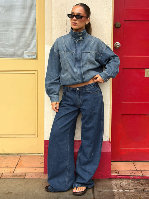 Ramos Low Rise Wide Leg Jeans Mid Blue Wash