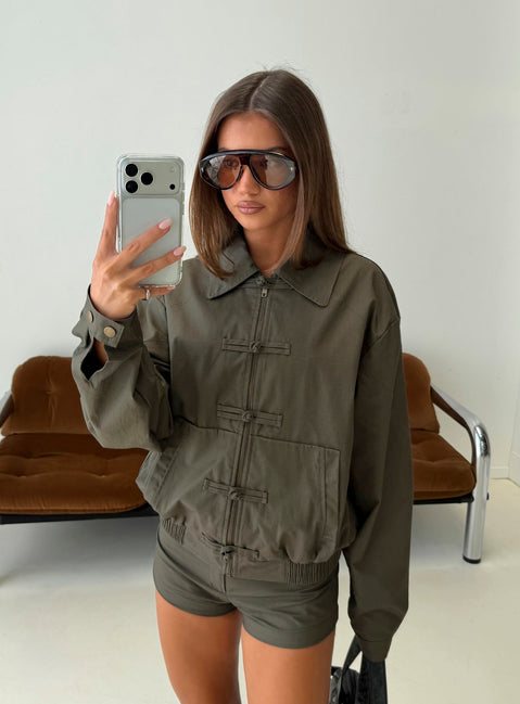 Satchie Utility Frog Closure Bomber Jacket Khaki